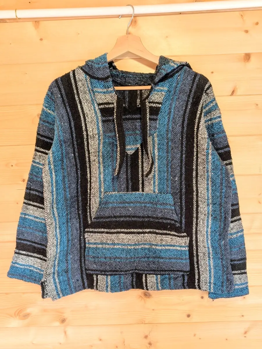 Vintage Blue Striped Baja Hoodie / Mexican Jerga Jumper - Medium