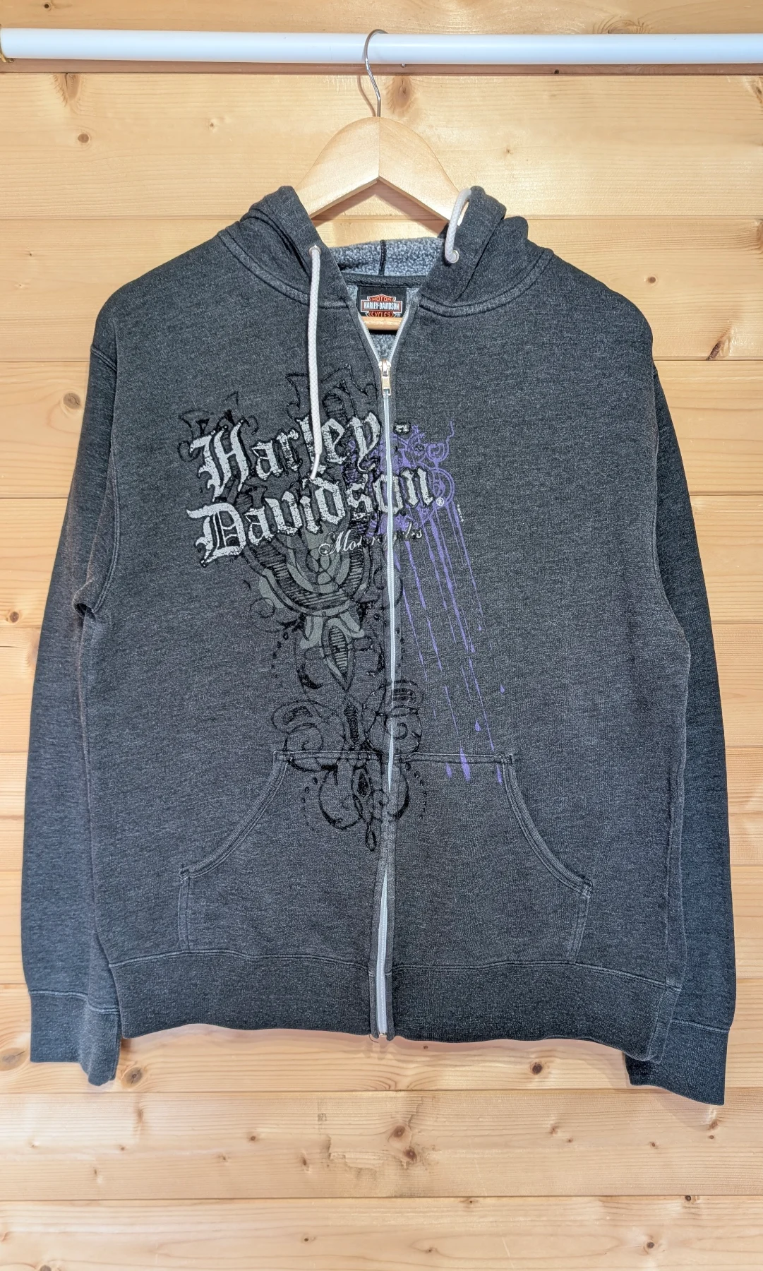 Vintage Harley Davidson Y2K Charcoal Grey Zip-Up Hoodie