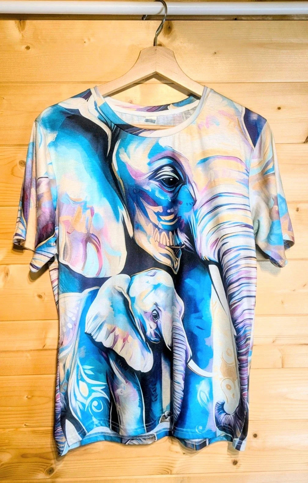 Vibrant Elephant Print T-Shirt - Blue & Purple All-Over Graphic Tee - Size S