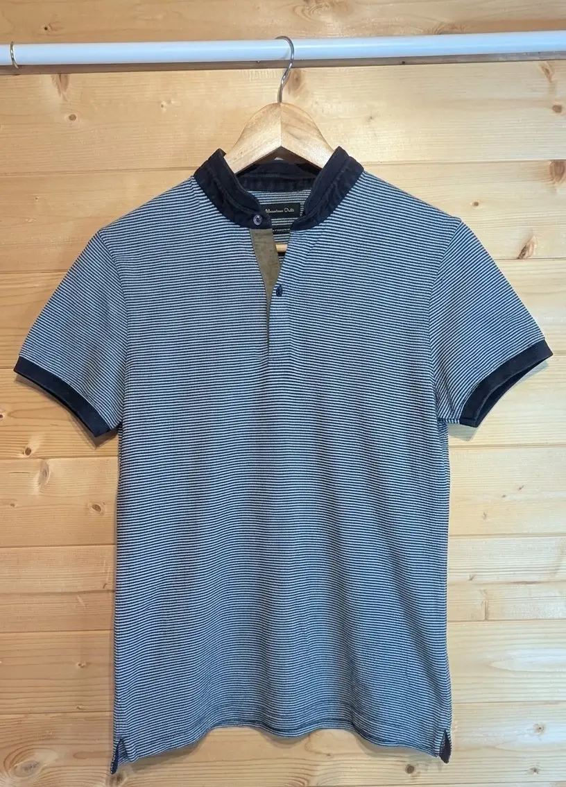 Massimo Dutti Striped Grandad Collar Polo Shirt - Navy/White S