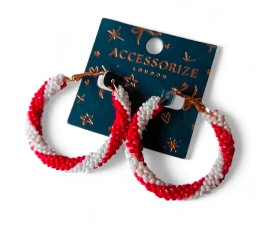 NWT Accessorize Red and  white round hoop  beaded candy cane earrings