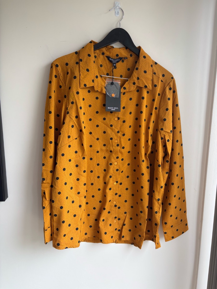 Blouse Brave Soul Mustard Black Polka Dot Button Front Long Sleeve Size 20 BNWT