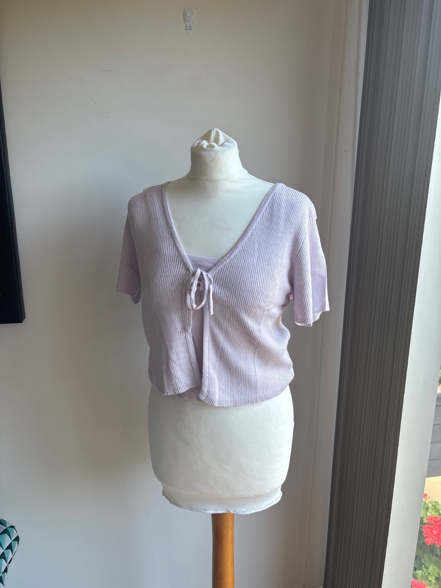 BNWT Threadbare Ribbed Tie Front Short Sleeve Cardigan Lilac Size 14 Cropped Knit