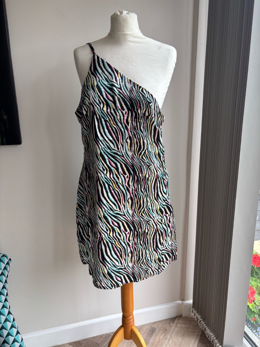 Dress QED London Zebra Print One Shoulder Mini Dress Multicolour Size 14 BNWT