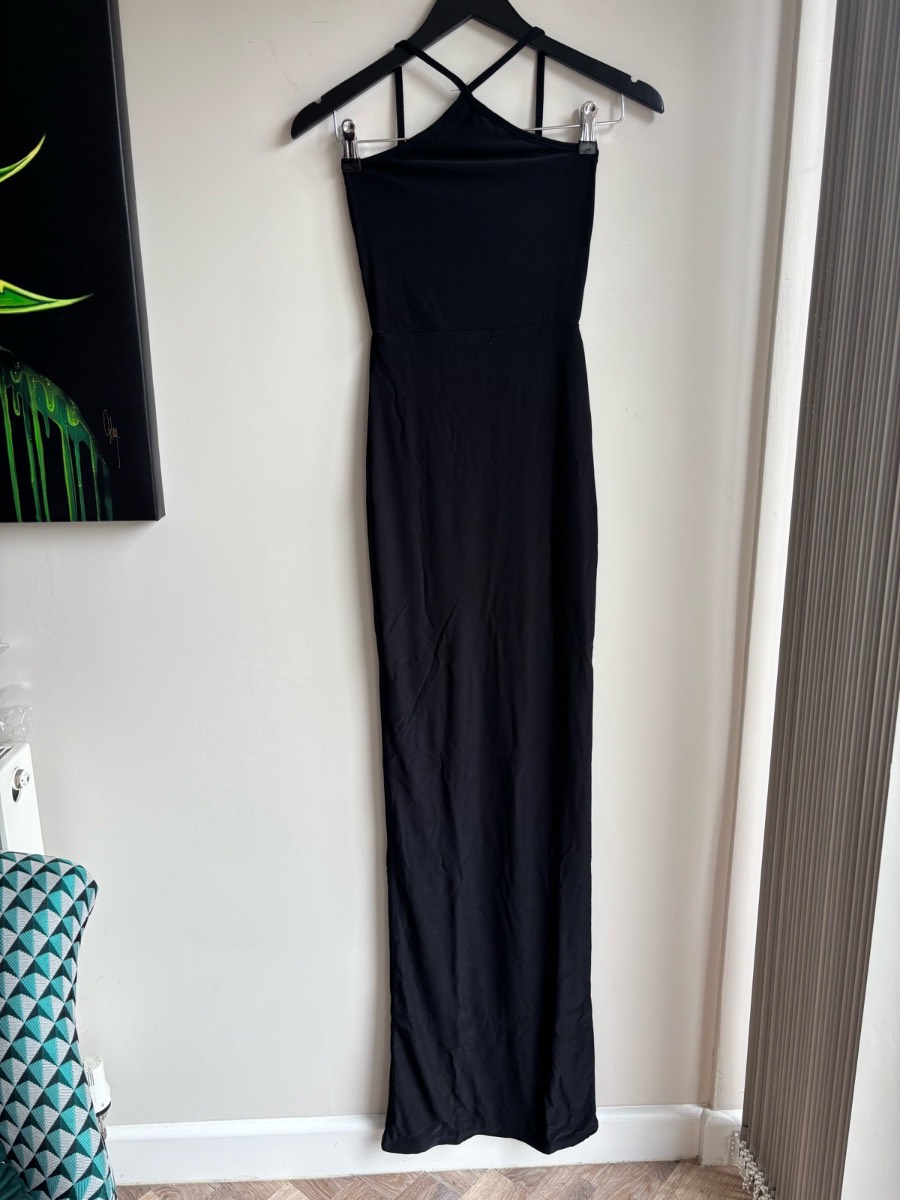 Black Halterneck Bodycon Midi Dress Sleeveless Stretch Fitted Party Evening Dress For tall ladies