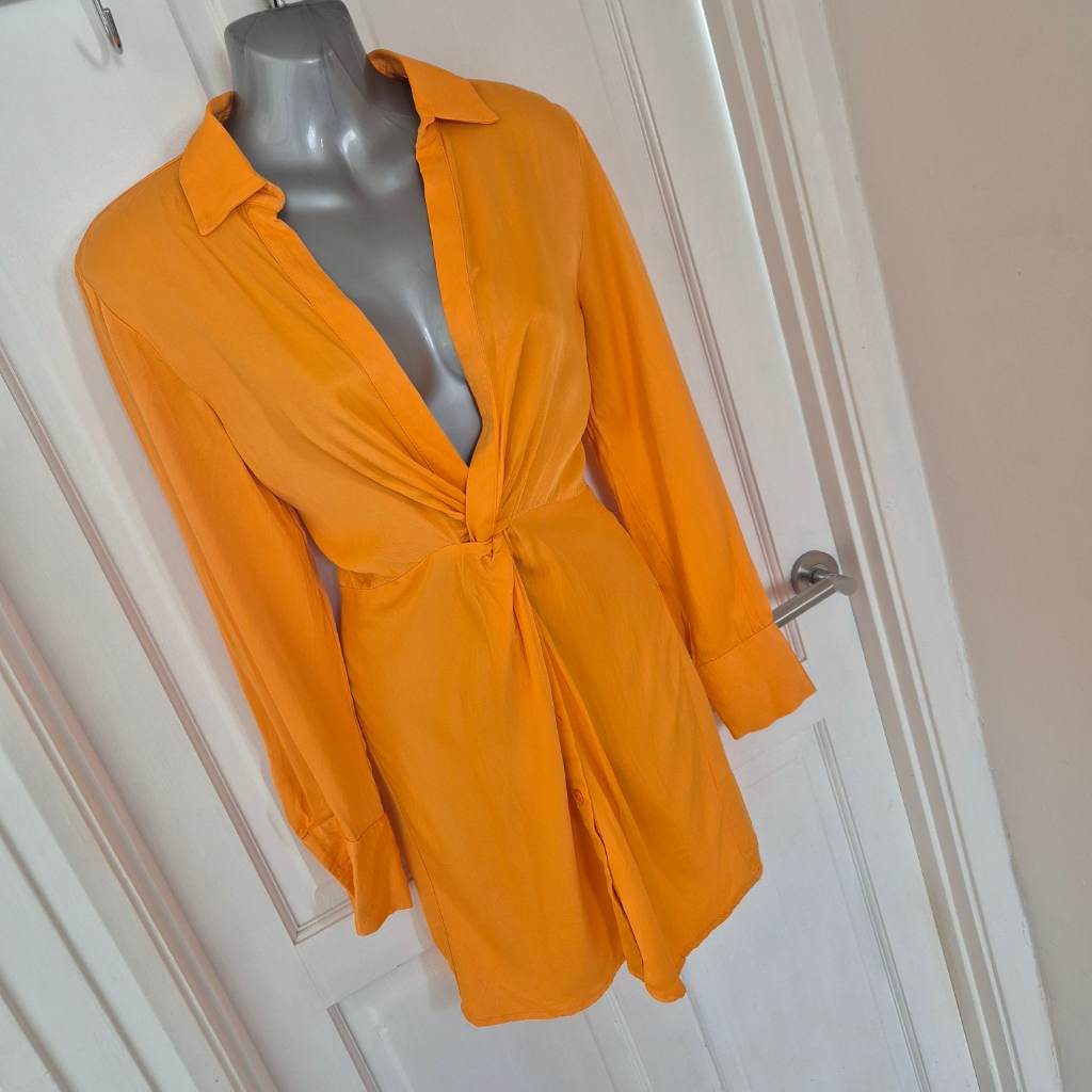 Zara size S citrus orange satin shirt dress