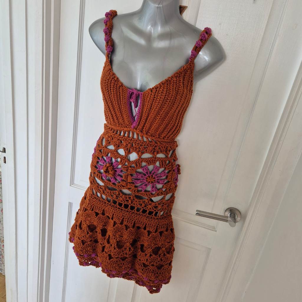 Super cute unique handmade crochet dress with waist tie - M/L
