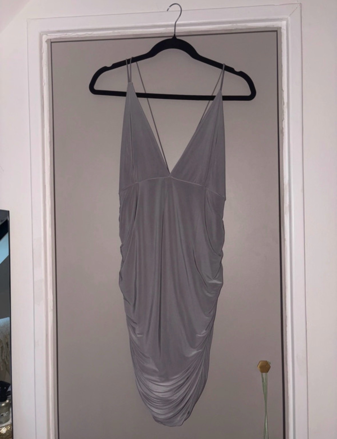 Grey silver slinky v neck dress 16