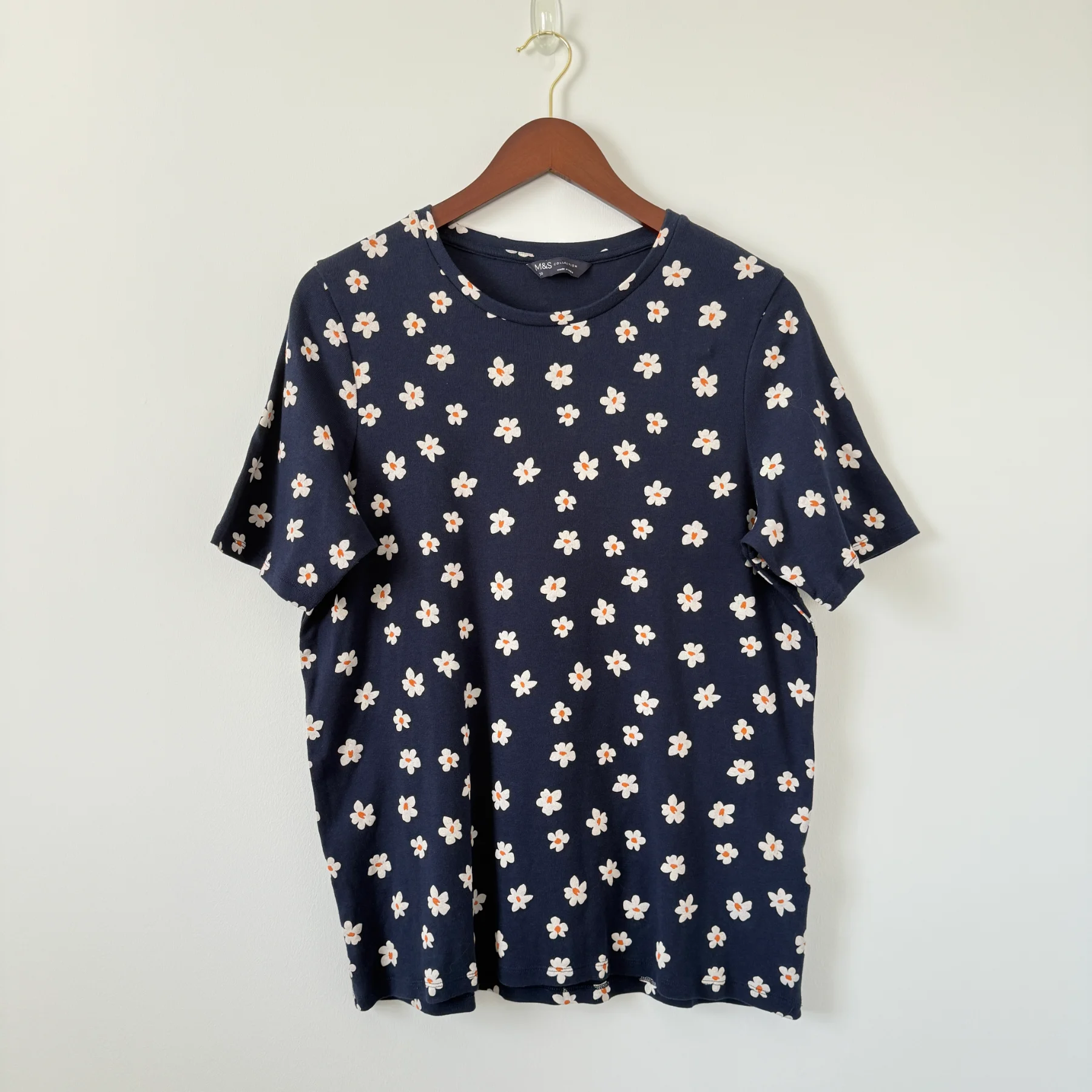 M&S Collection Womens T Shirt UK 20 Navy 100% Cotton White Daisy Floral Print Short Sleeve Casual