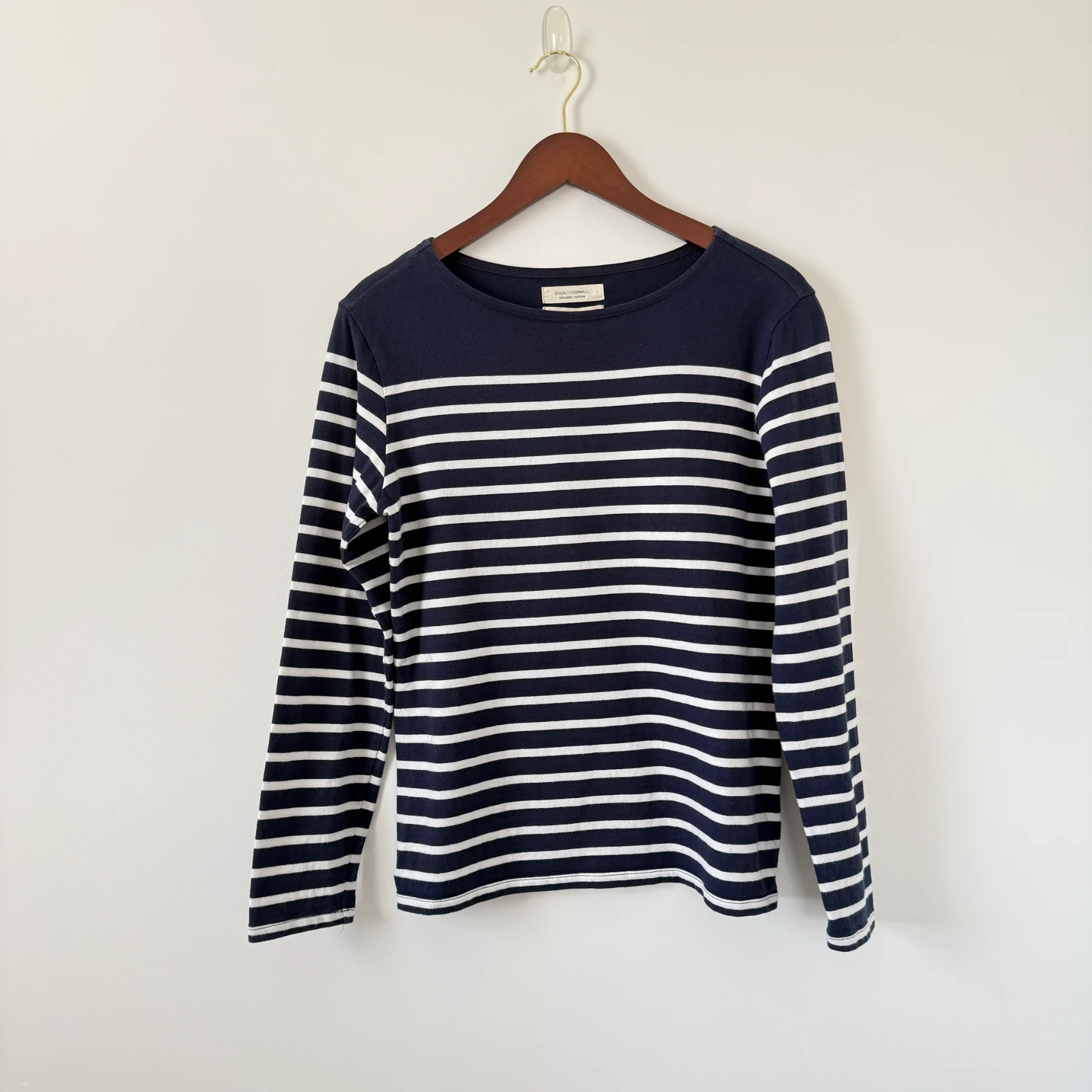 Seasalt Cornwall The Sailor Shirt UK 12 Navy White Breton Stripe Organic Cotton Long Sleeve Top