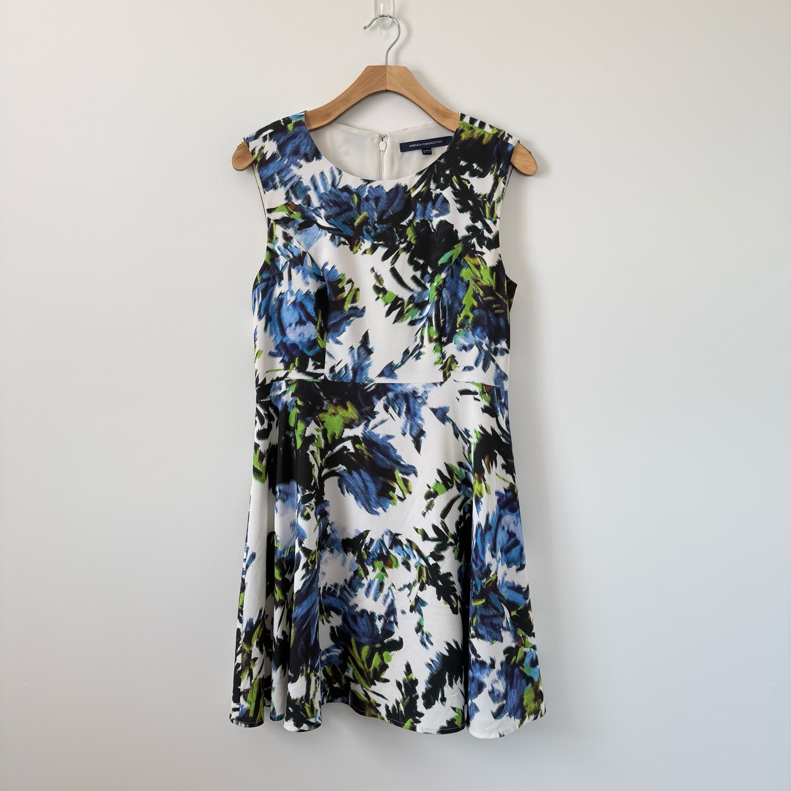French Connection Floral Dress UK 10 Blue Green Fit Flare Skater Occasion Summer