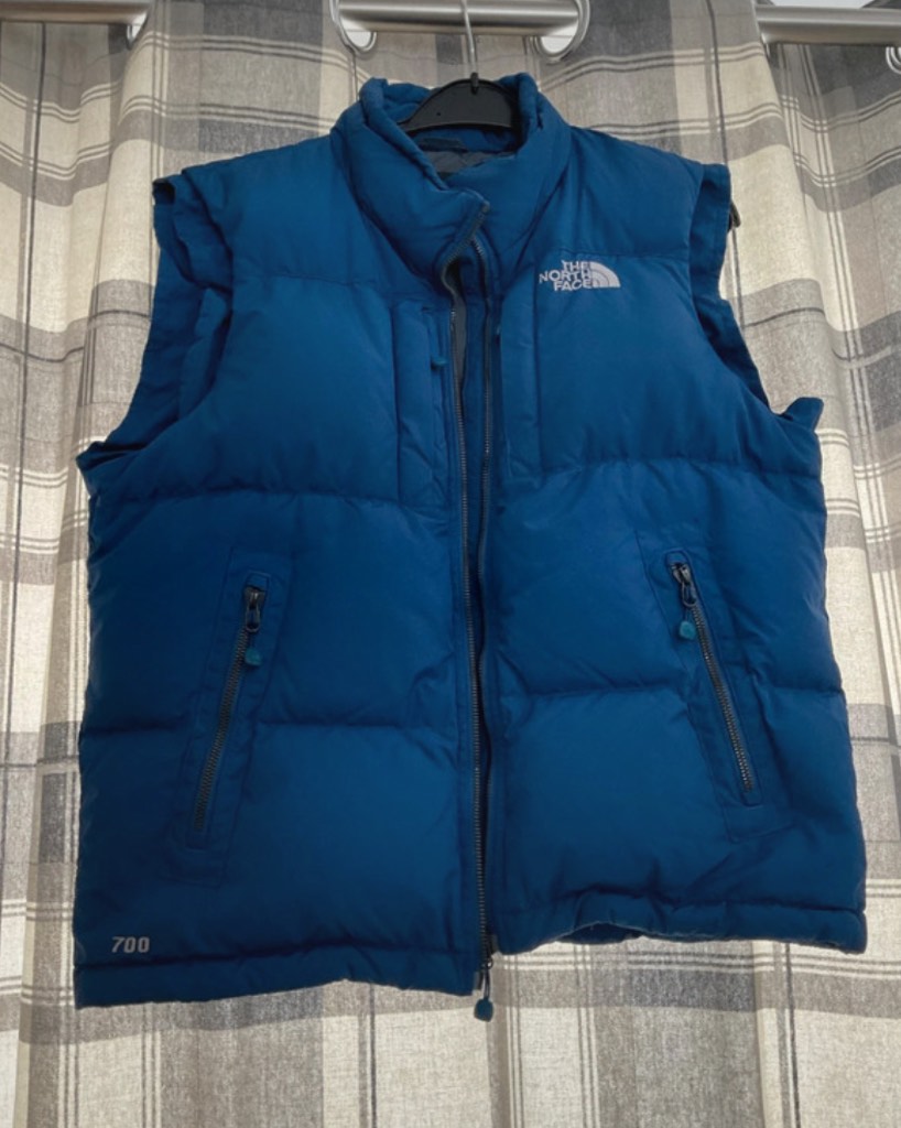 North Face gilet, size S (size 10), navy/grey, 700 down fill, Pertex 163. Walking, hiking, camping