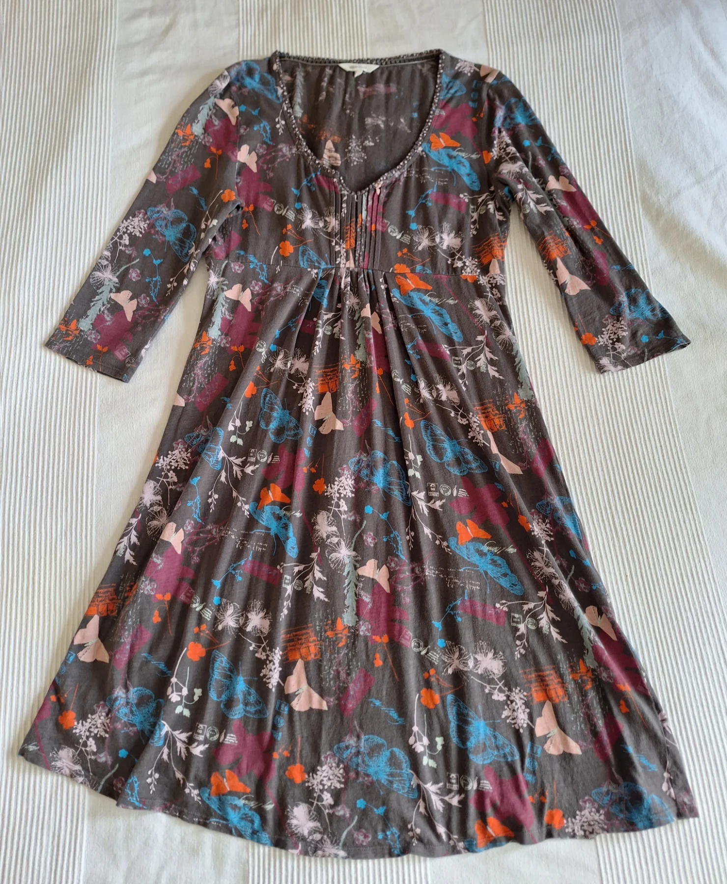 WHITE STUFF Dress Size 12 Grey Floral Butterfly Cotton Midi Tunic 3/4 Sleeve