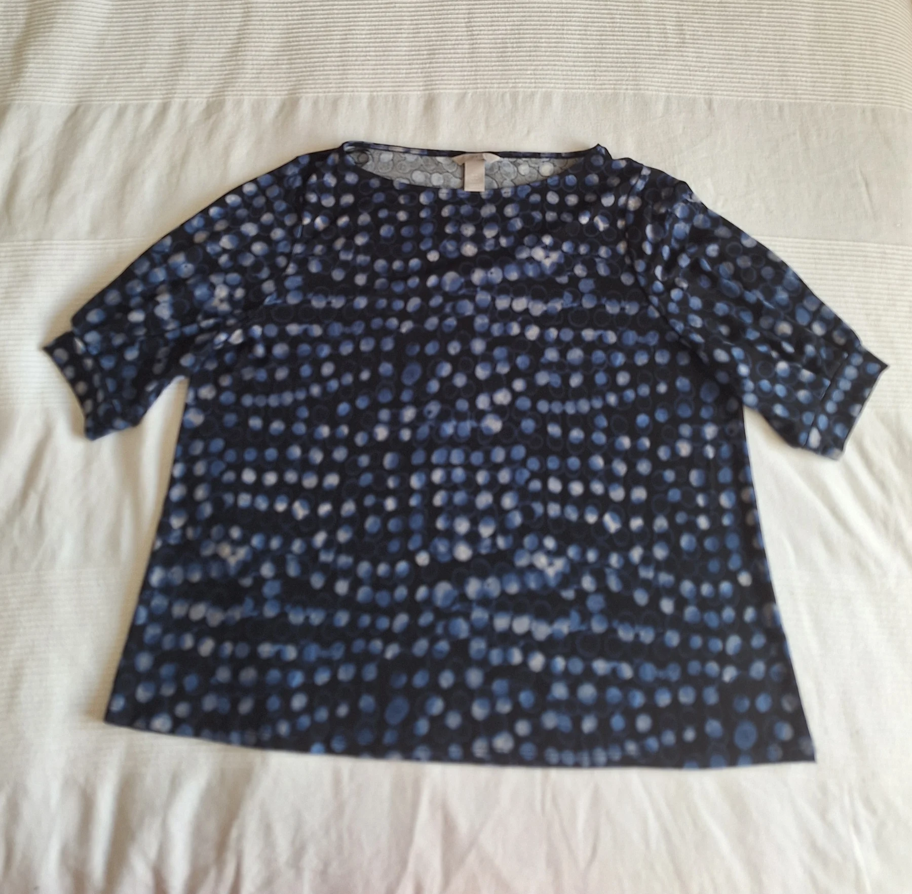 H&M Navy Blue Polka Dot Top Womens Size XL UK 20 22 Short Cuff Sleeve Stretch Shirt