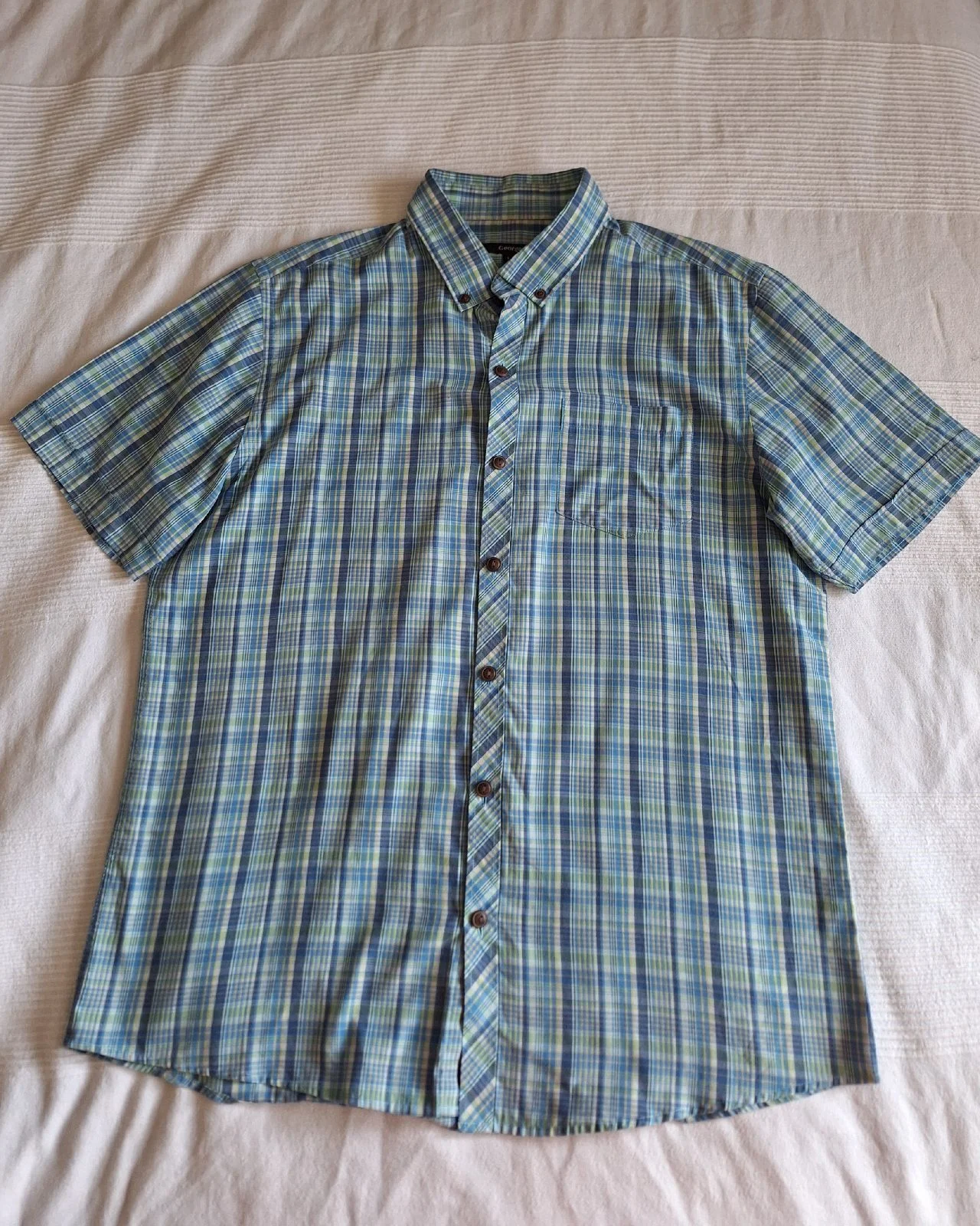 George Blue Green Plaid Short Sleeve Shirt - Size L