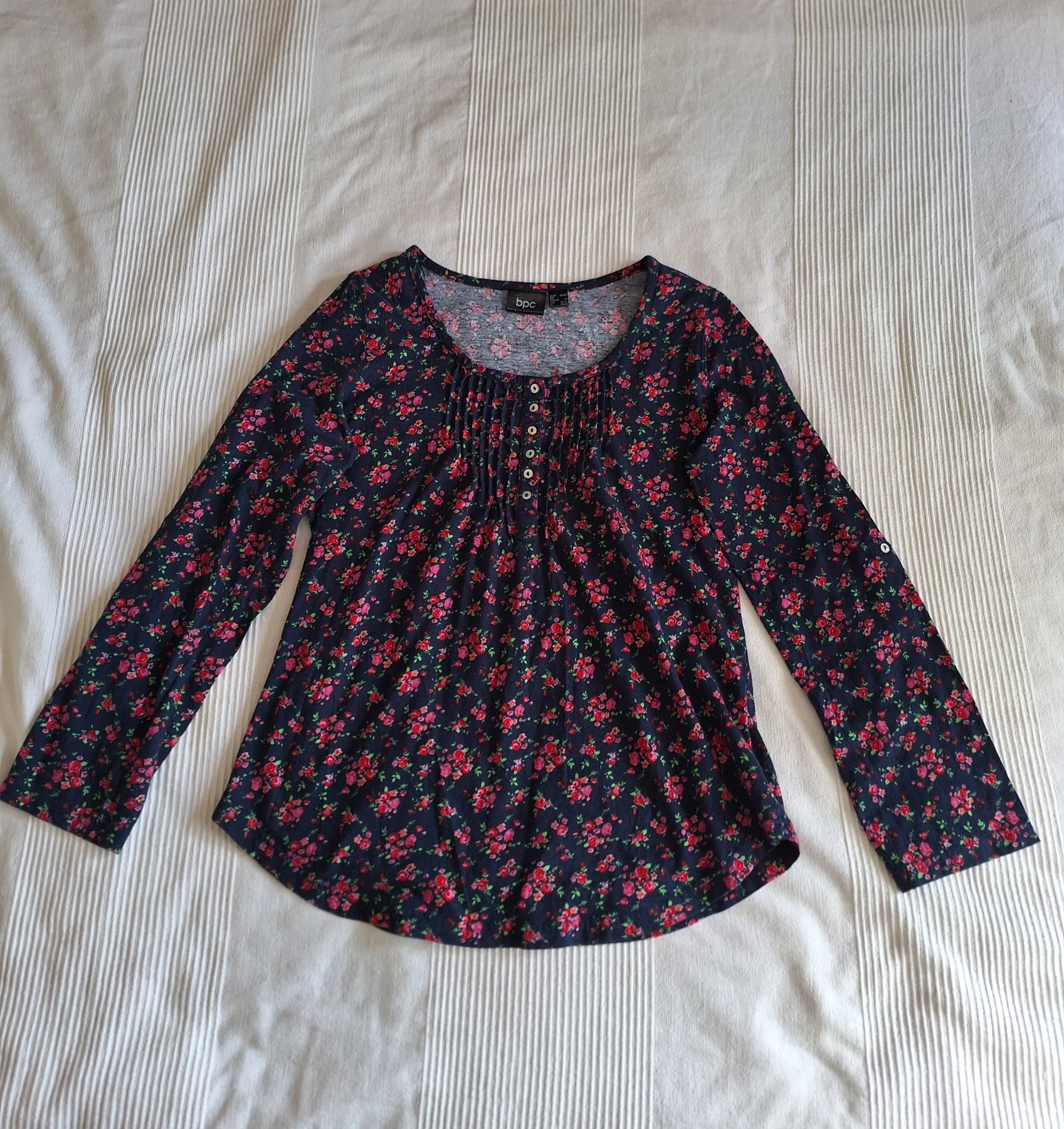 BPC Bonprix Floral Pintuck Blouse Top UK 12 14 M Navy Pink Roll Tab Sleeve