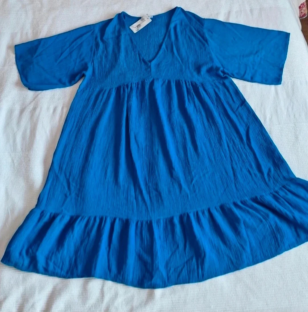 BNWT Cobalt Blue Textured Smock Dress Made in Italy Oversized Boho Tiered Mini | Fits 12 14 16 #352