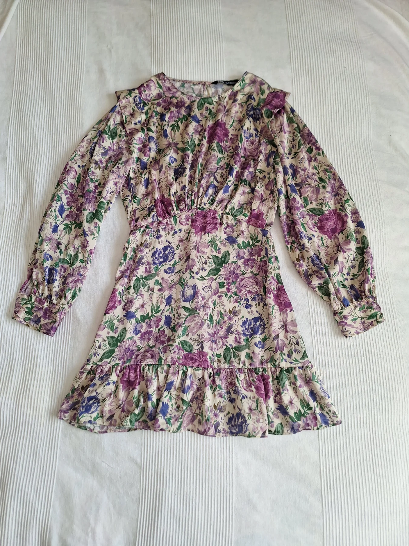 Zara Floral Mini Dress Long Sleeve Purple Ruffle Hem Size M UK 10