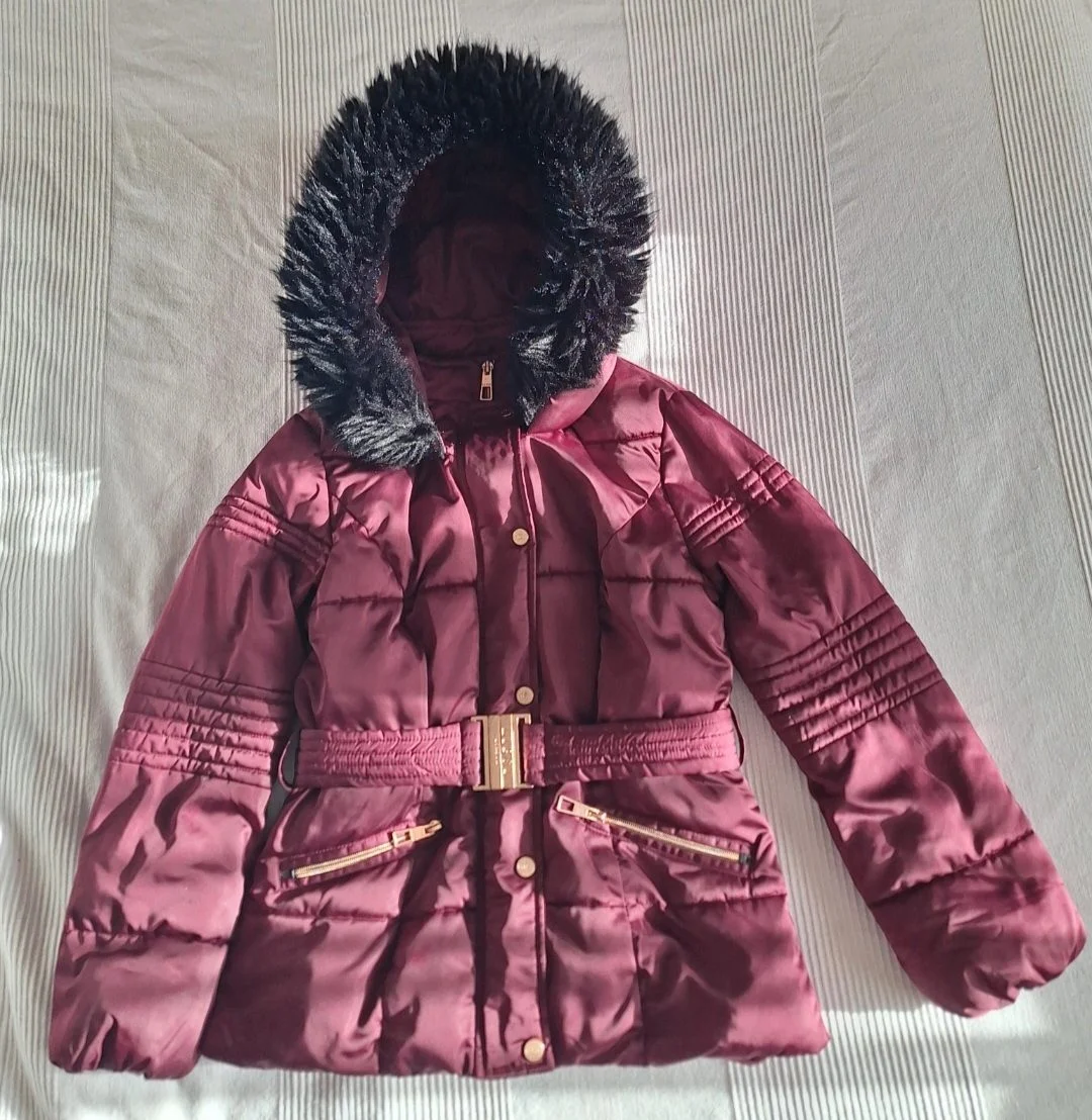 Lipsy London Girls Burgundy Puffer Coat Faux Fur Hood Belted Age 11 (146cm #134)