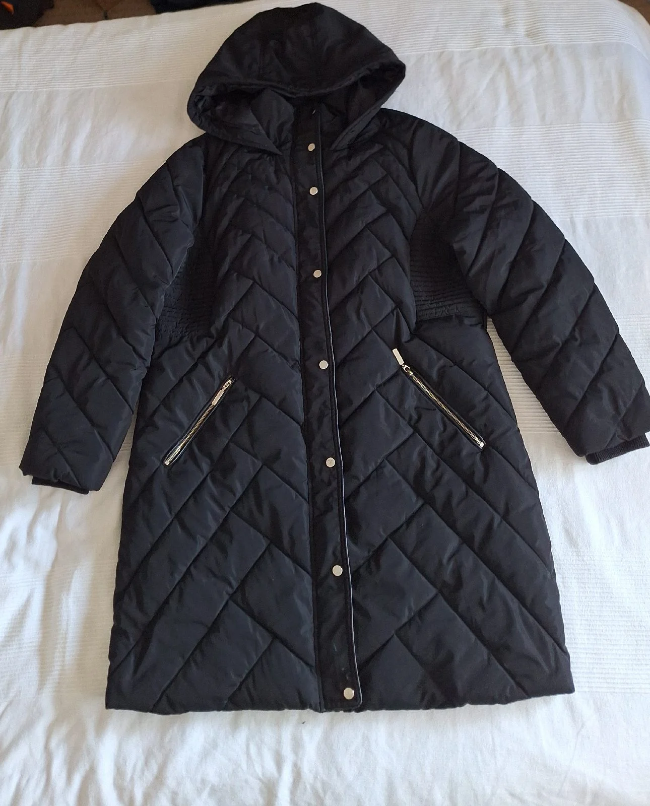 Wallis Black Quilted Longline Puffer Coat Hooded Size L (UK 16-18)