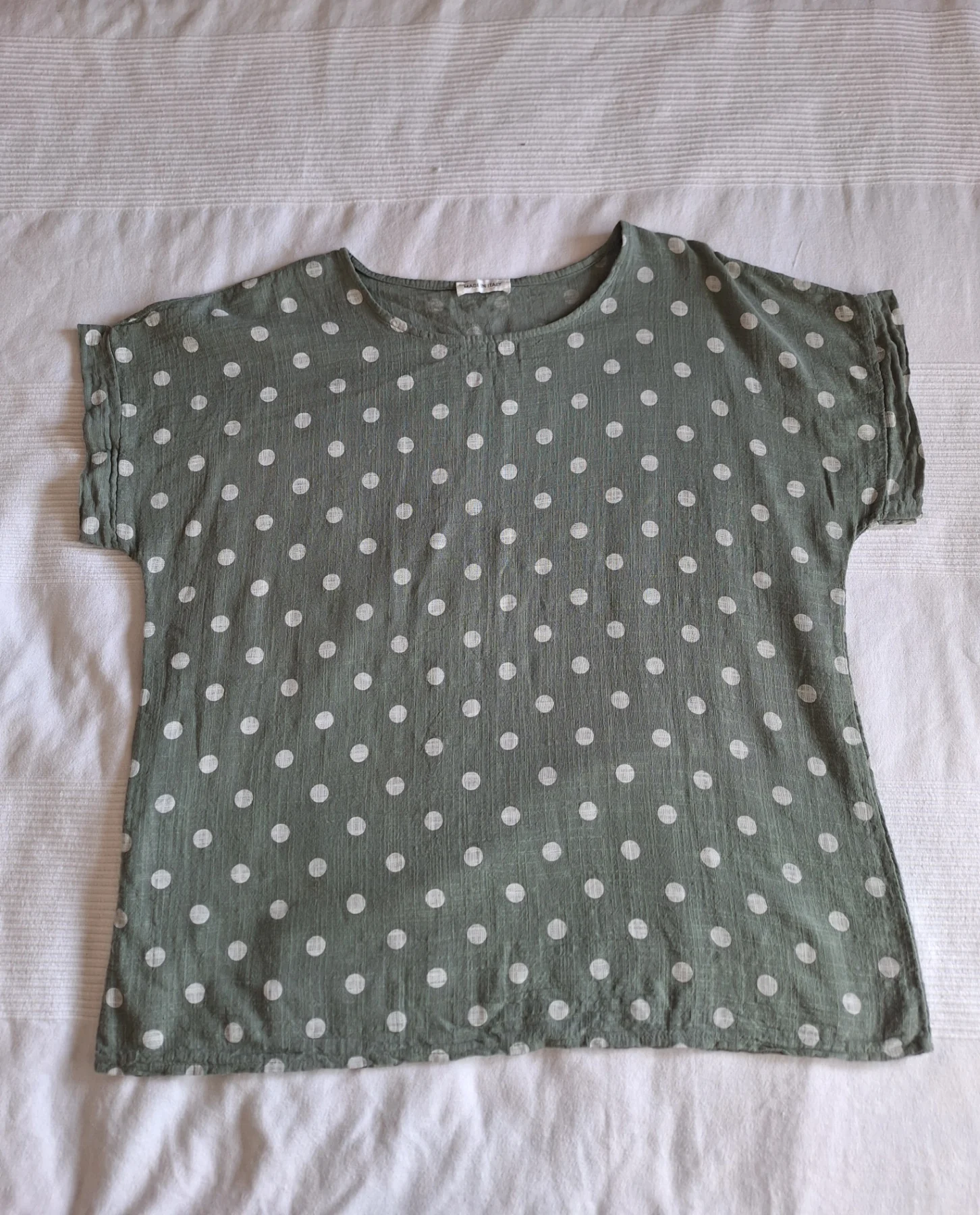 Made in Italy Lagenlook Top Sage Green Polka Dot Linen-Blend Approx. Size 16-18 (No Tag)