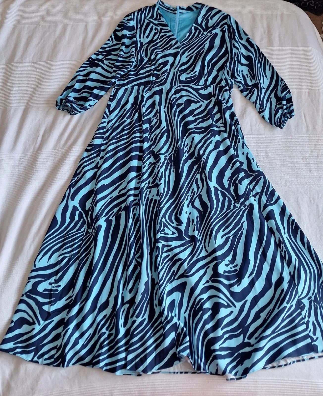 Marks & Spencer Zebra Print Midi Dress UK 16 Turquoise Blue Animal Long Sleeve