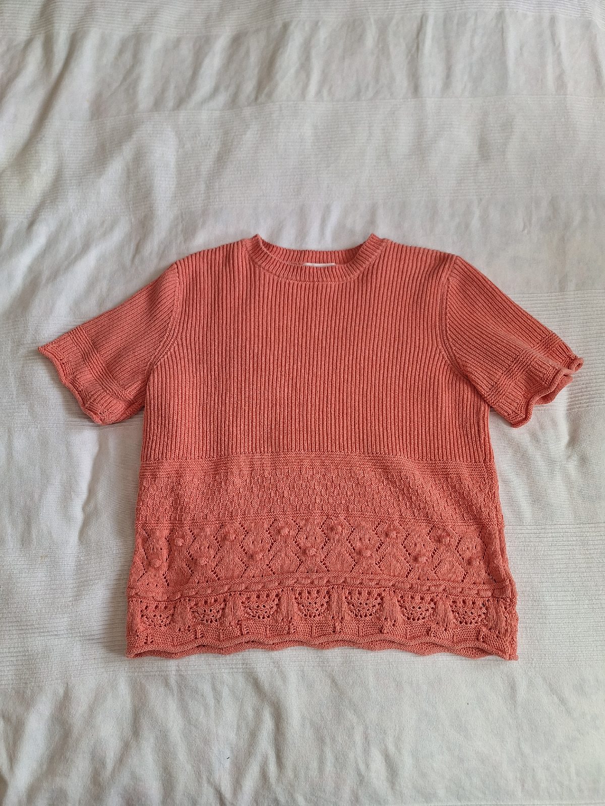 Per Una M&S Bright Coral Pink Short Sleeve Pointelle Knit Top Size 16
