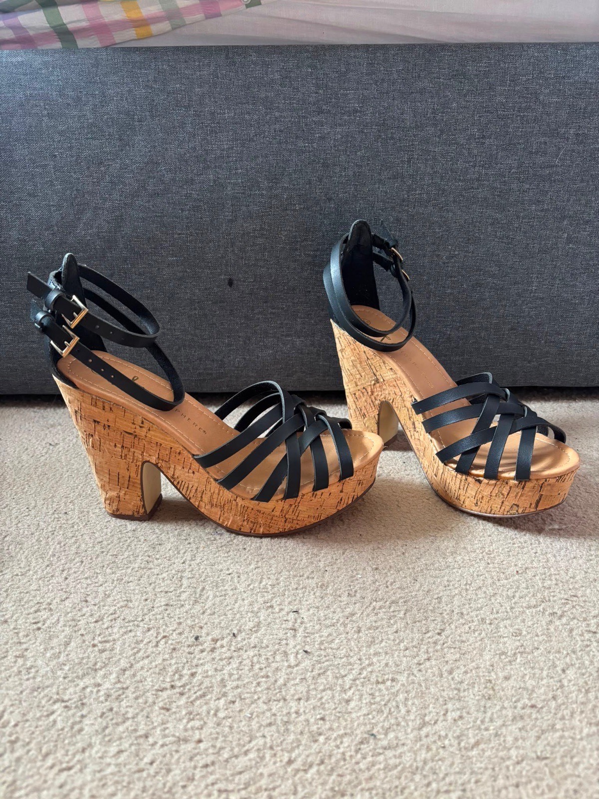 Black leather cork heels