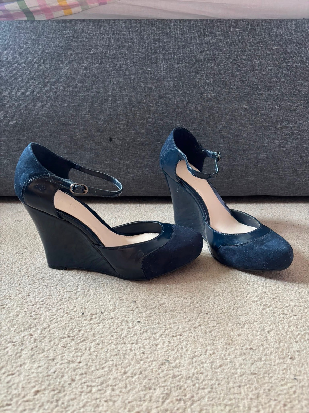 Navy blue suede wedge heels