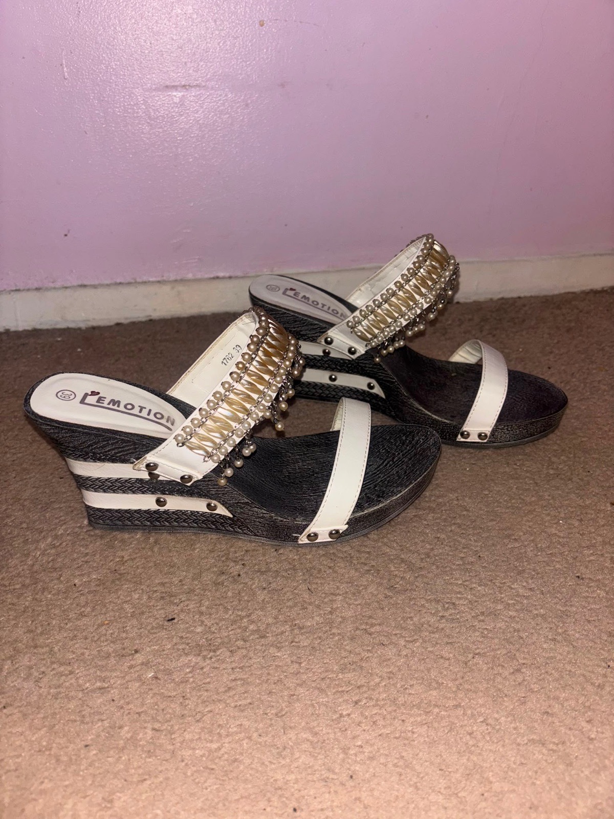 White beaded wedge sandals