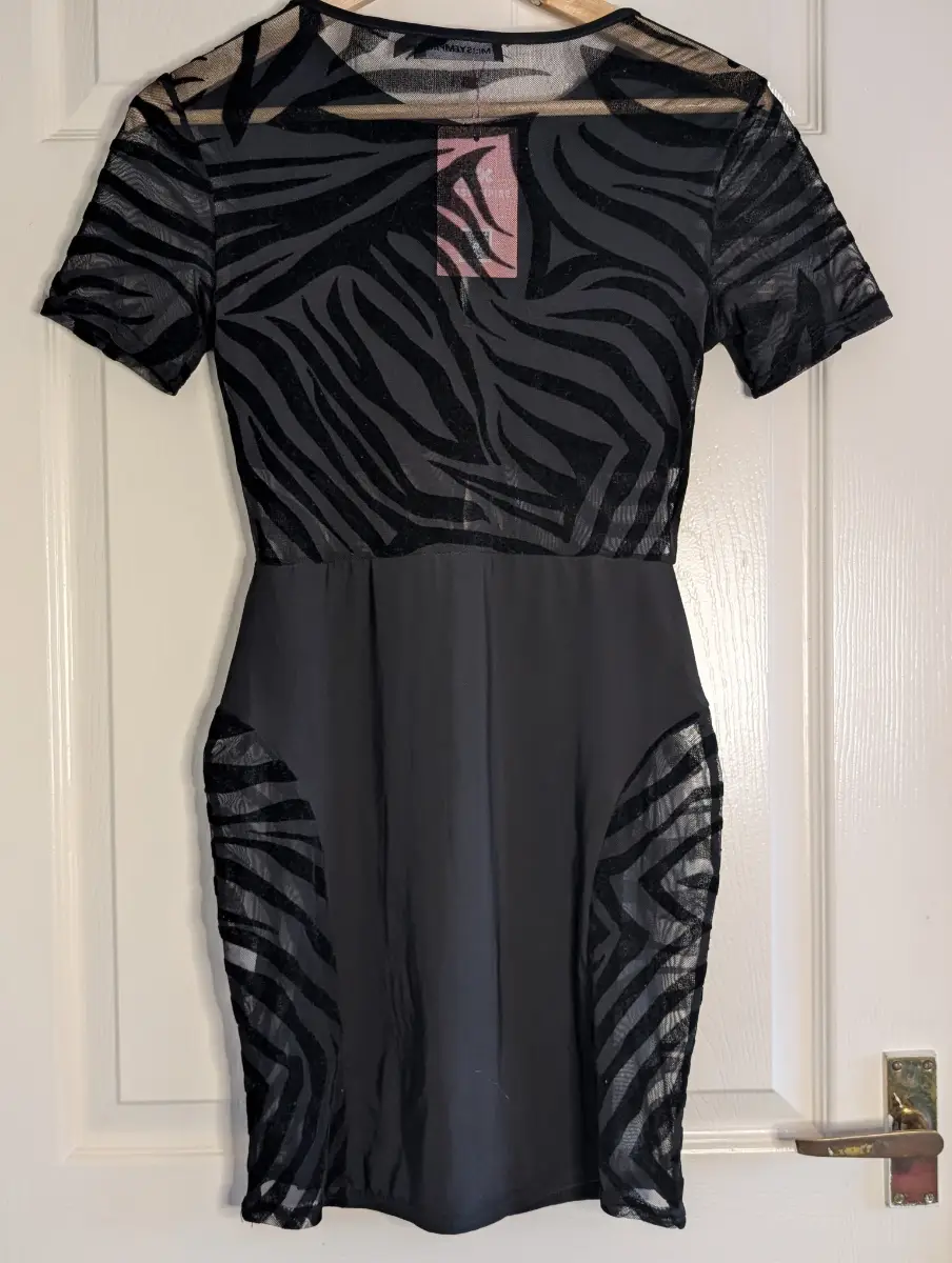 Missy Empire Black Zebra Print Sheer Mesh Burnout Jewel Button Dress - Size 8