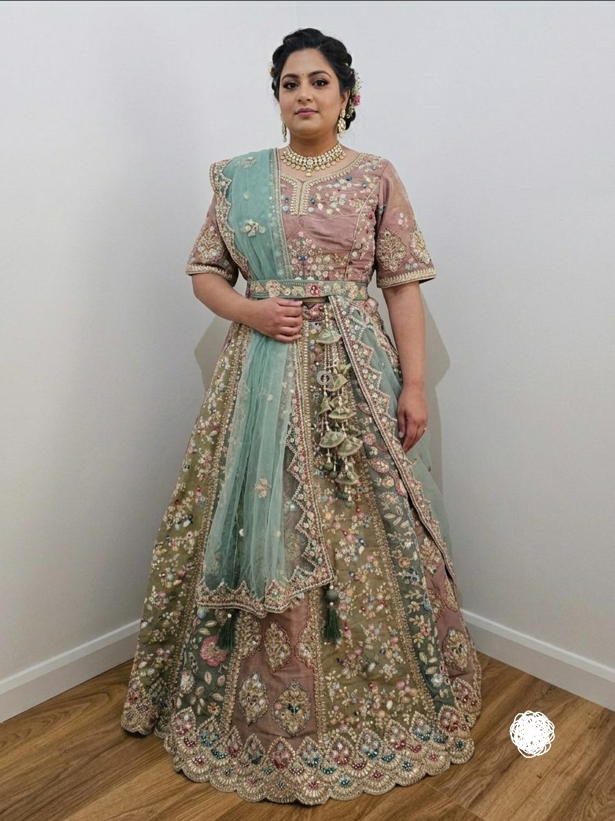 Bridal/Party Indian Lehenga Choli with Dupatta & Belt - Dusty Rose & Mint Green (Size 18)