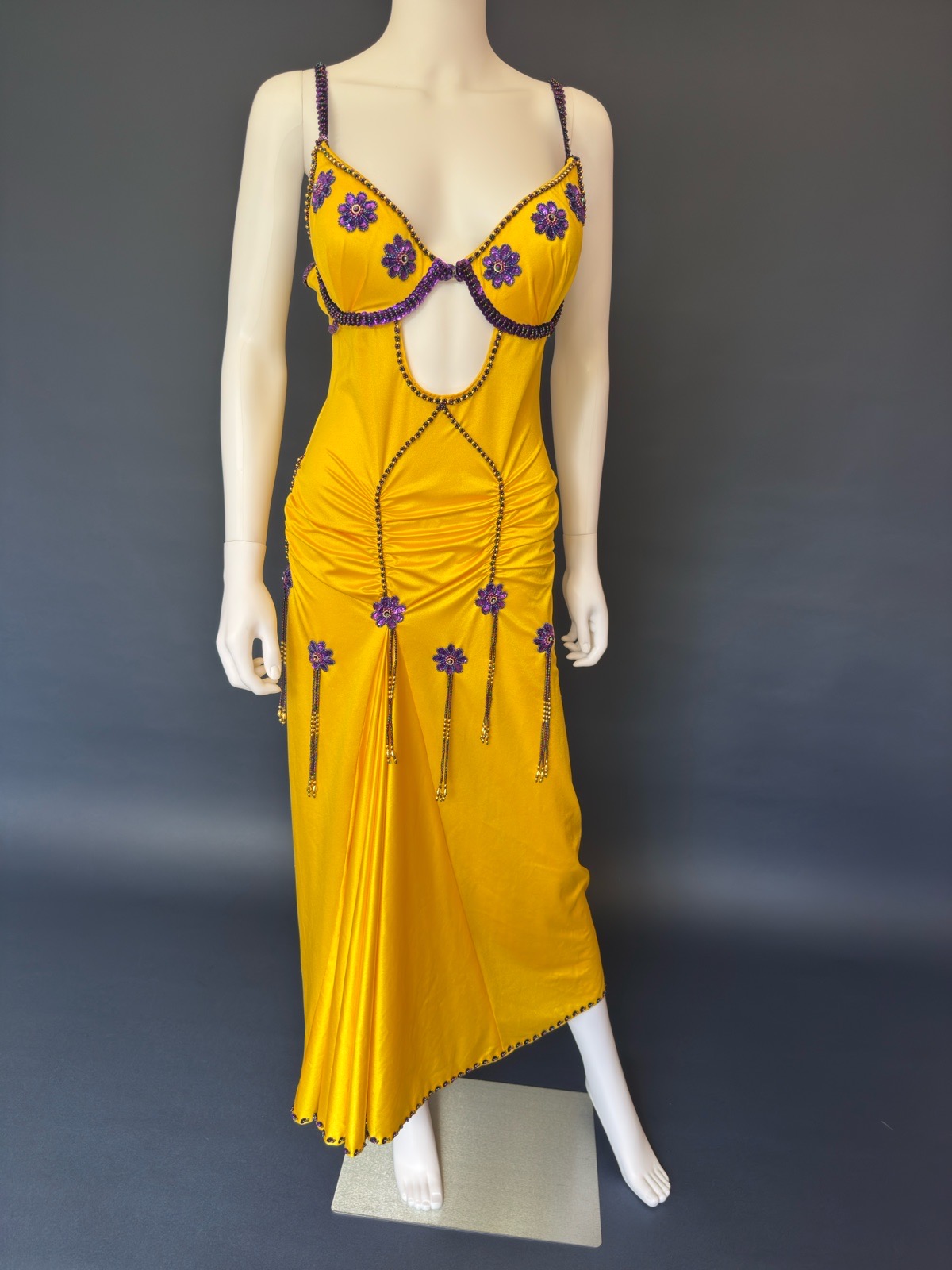 Vintage custom made Latin competition dress sequin yellow evening gown