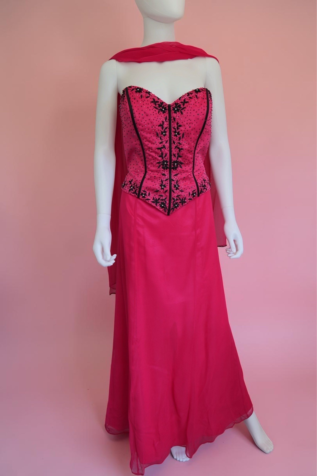 Vintage 100% silk pink strapless beaded evening size 14 dress fairy