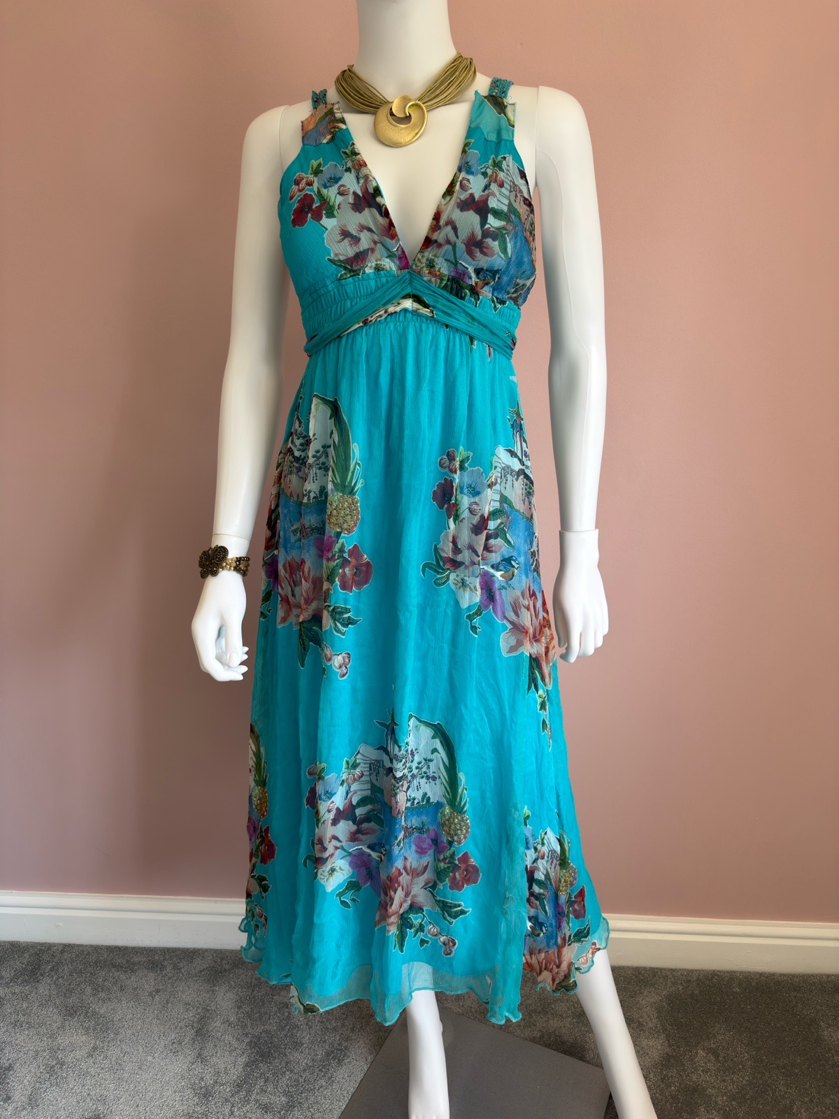Traffic people Japanese garden orirntal print 100% silk size S dress