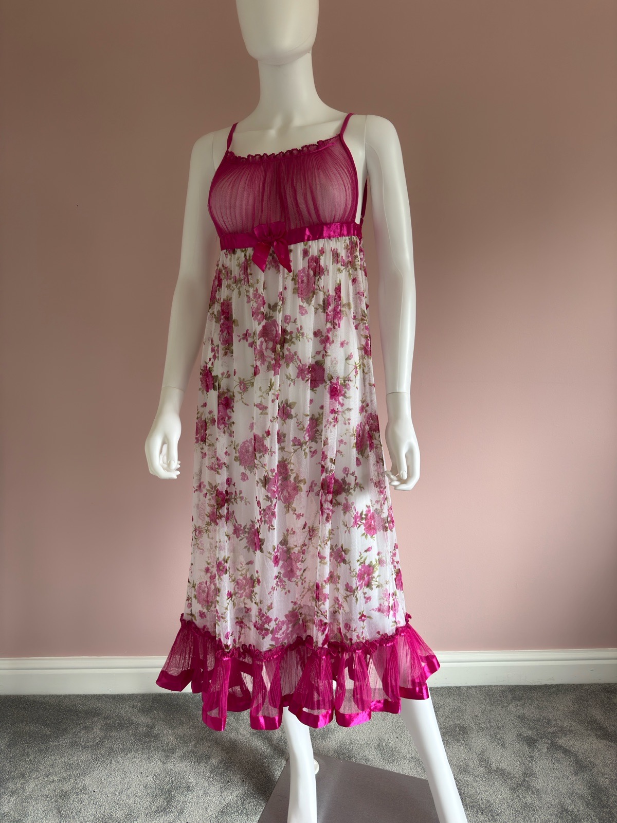 Vintage pink floral maxi length slip dress nightgown