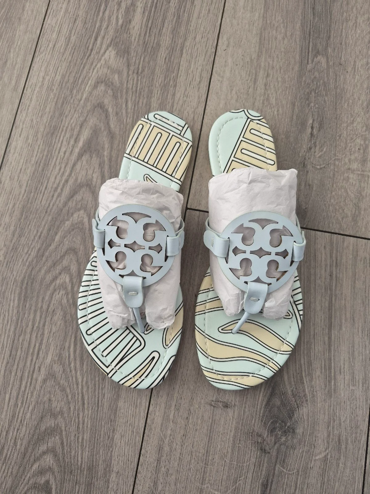 Tony burch Miller patent leather blue zebra sandal
