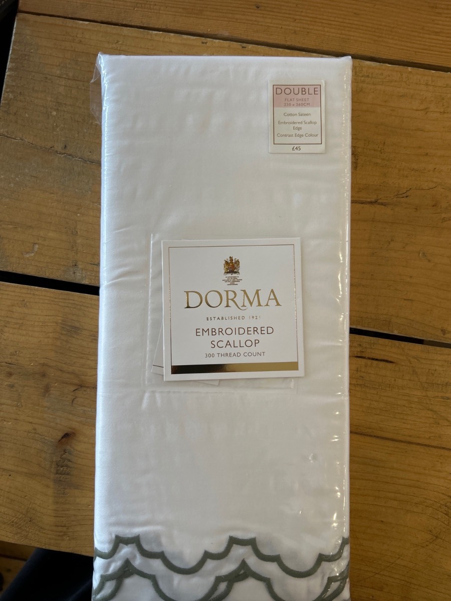 Dorma double flat sheet white embroidered green edged 100% Cotton
