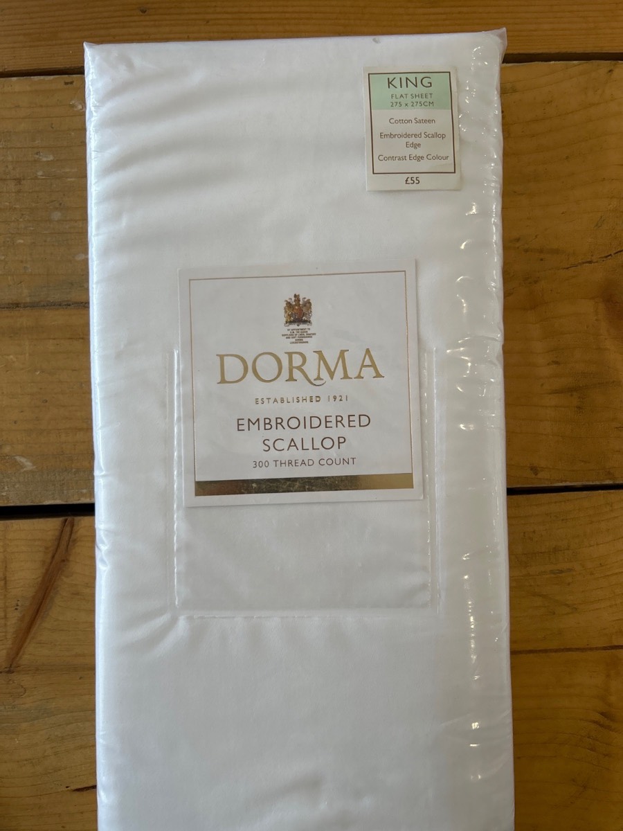 Dorma King size flat sheet white green embroidered edged 100% Cotton