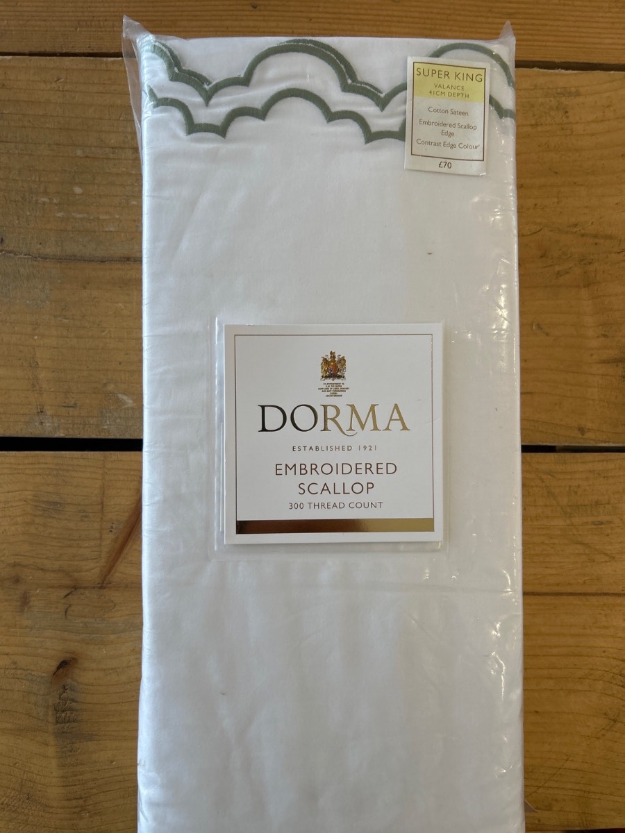Super king-size dorma valance White green embroidered edged 100% Cotton