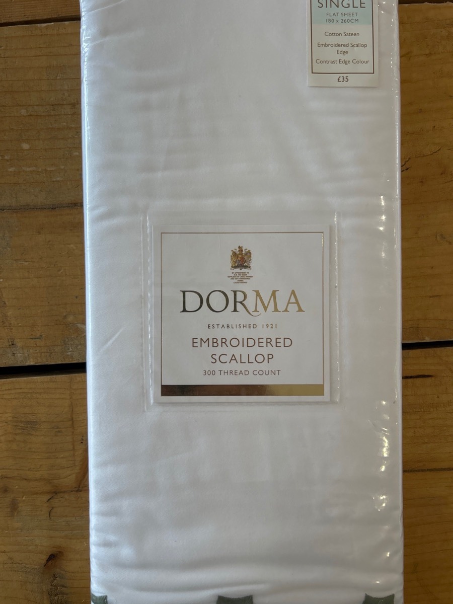 Dorma Single flat sheet 100% Cotton White green embroidered aged
