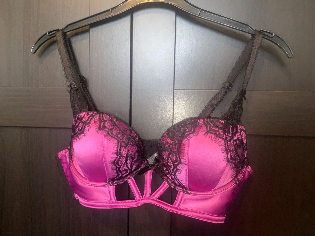Hot pink and black lace plunge bra size 32B