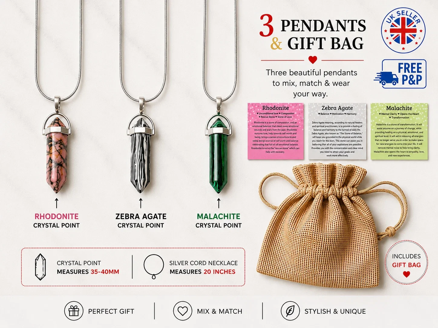3 Crystal Point Pendant Necklace Set Rhodonite Zebra Agate Malachite Gift Bag