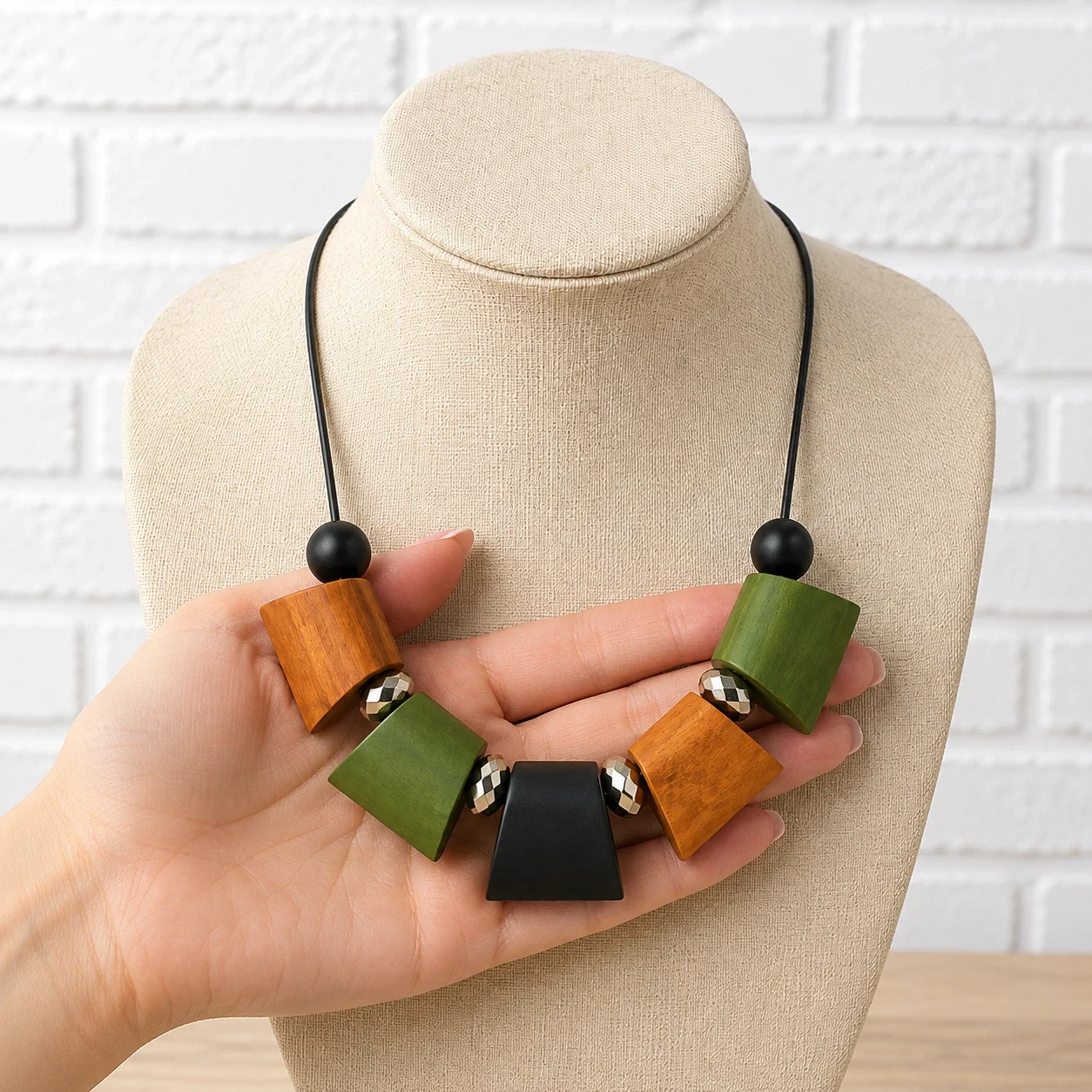 Chunky Geometric Statement Necklace Green Brown Wooden Beads Boho Jewellery