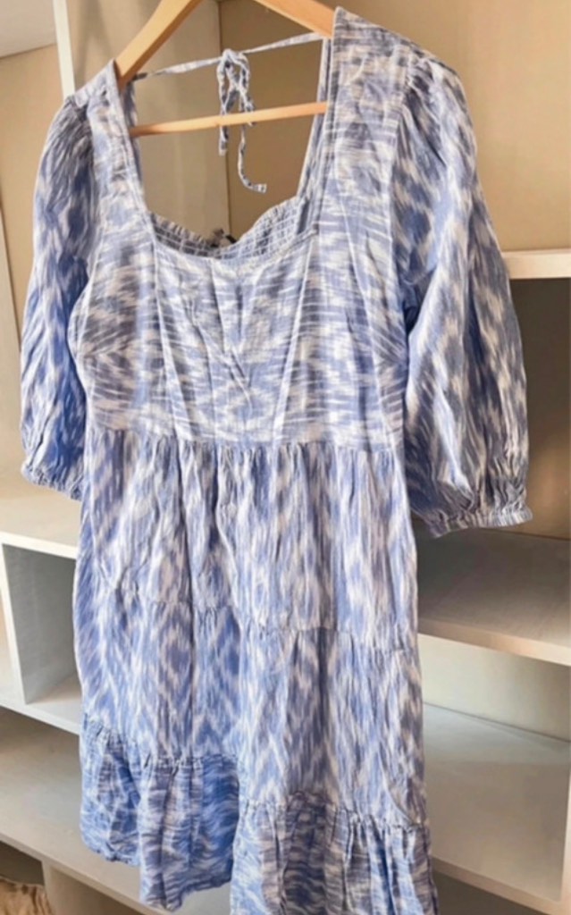 Cool Blue And White Cotton Smocked Tiered Summer Dress size 18