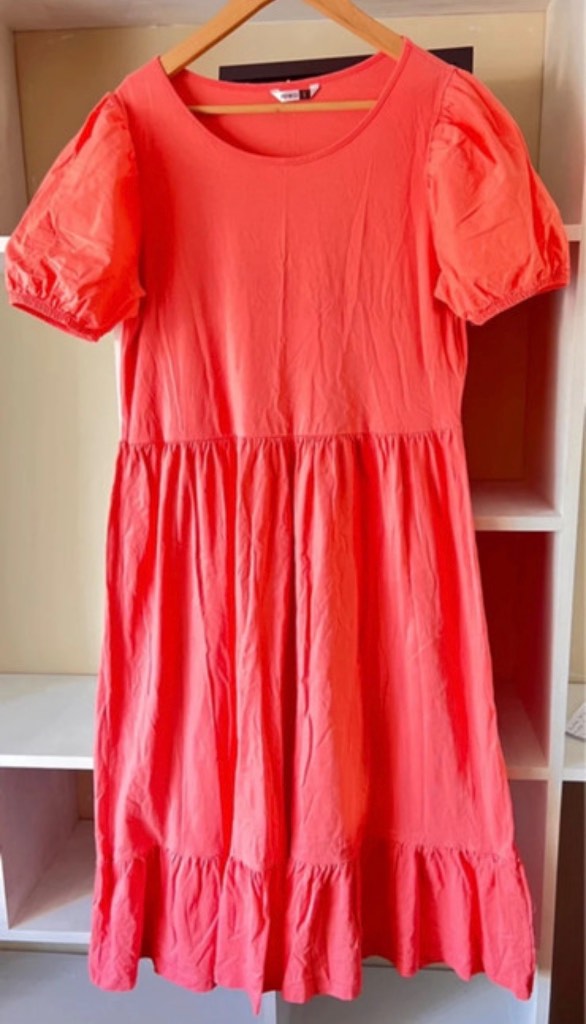Pep & Co Coral Pink Tiered Midi Smock Dress with Puff Sleeves - Size Large 16/18