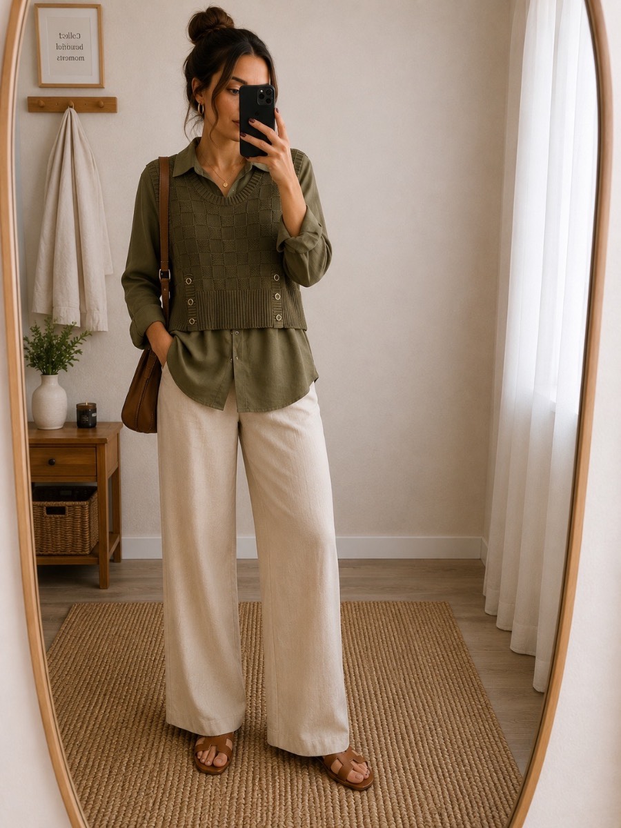 Next Khaki Layered Shirt Jumper Vest Top Co-Ord Knit Sleeveless Size S UK 10