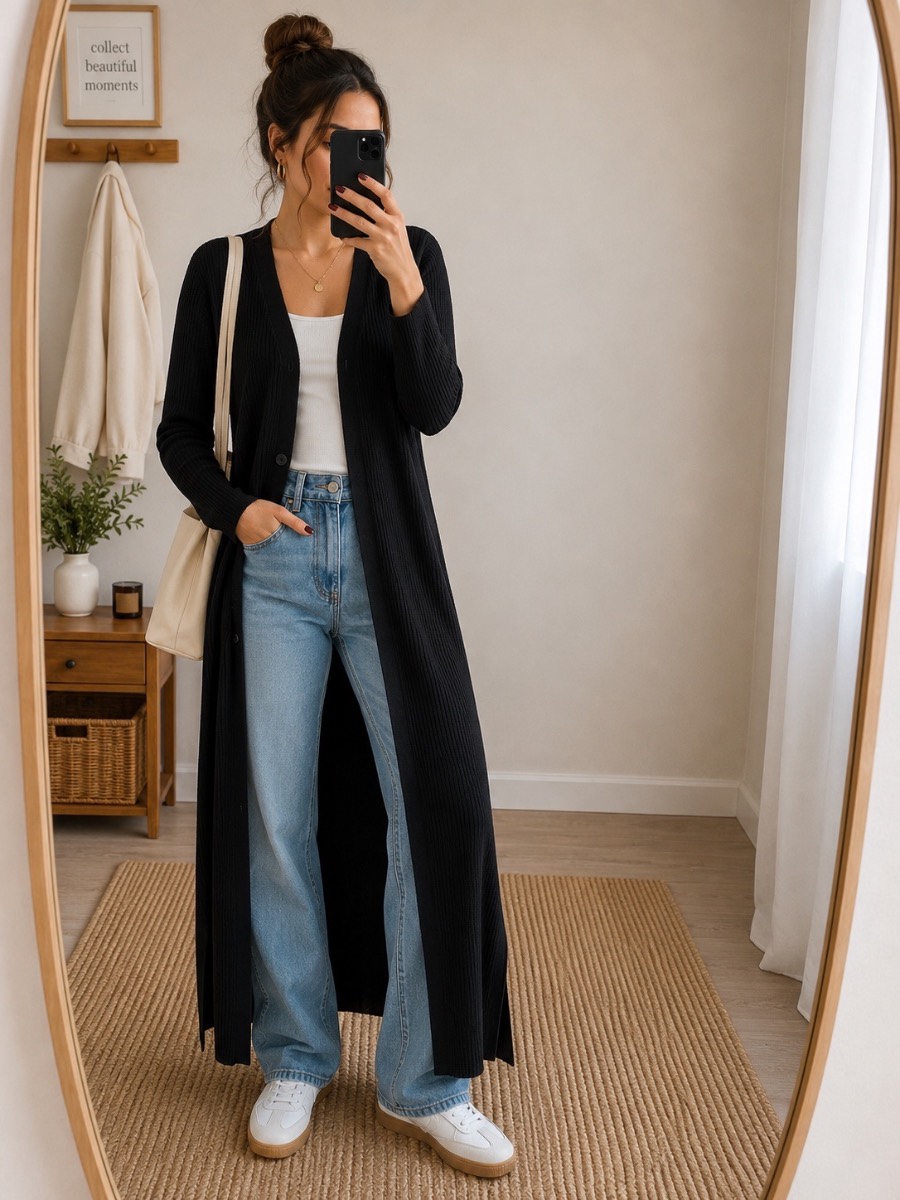 Women’s Black Ribbed Longline Maxi Cardigan Duster Open Front Stretch Knit UK 12-14