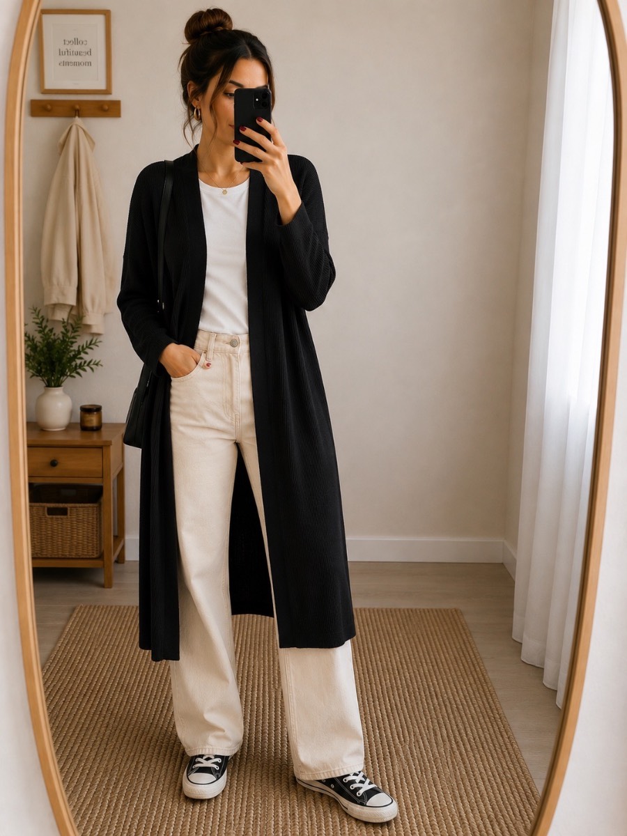 Luxzuz One Two Black Longline Open Front Cardigan Soft Ribbed Duster UK 14-16