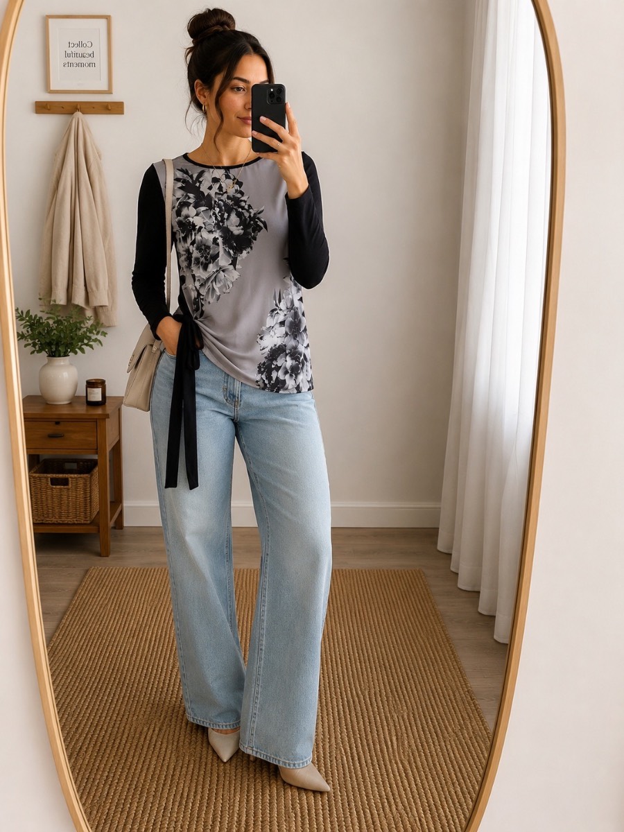 Oasis Grey & Black Floral Side Tie Long Sleeve Top UK M Elegant Smart Casual